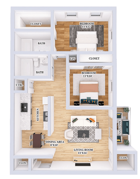 Floor plan for 2 beds, 2 baths, 850 sqft